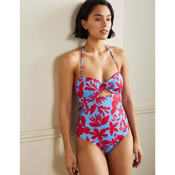 Boden Knot Bandeau One Piece Swimsuit Blue with Red Floral Size UK 10 US 6 - Picture 1 of 13